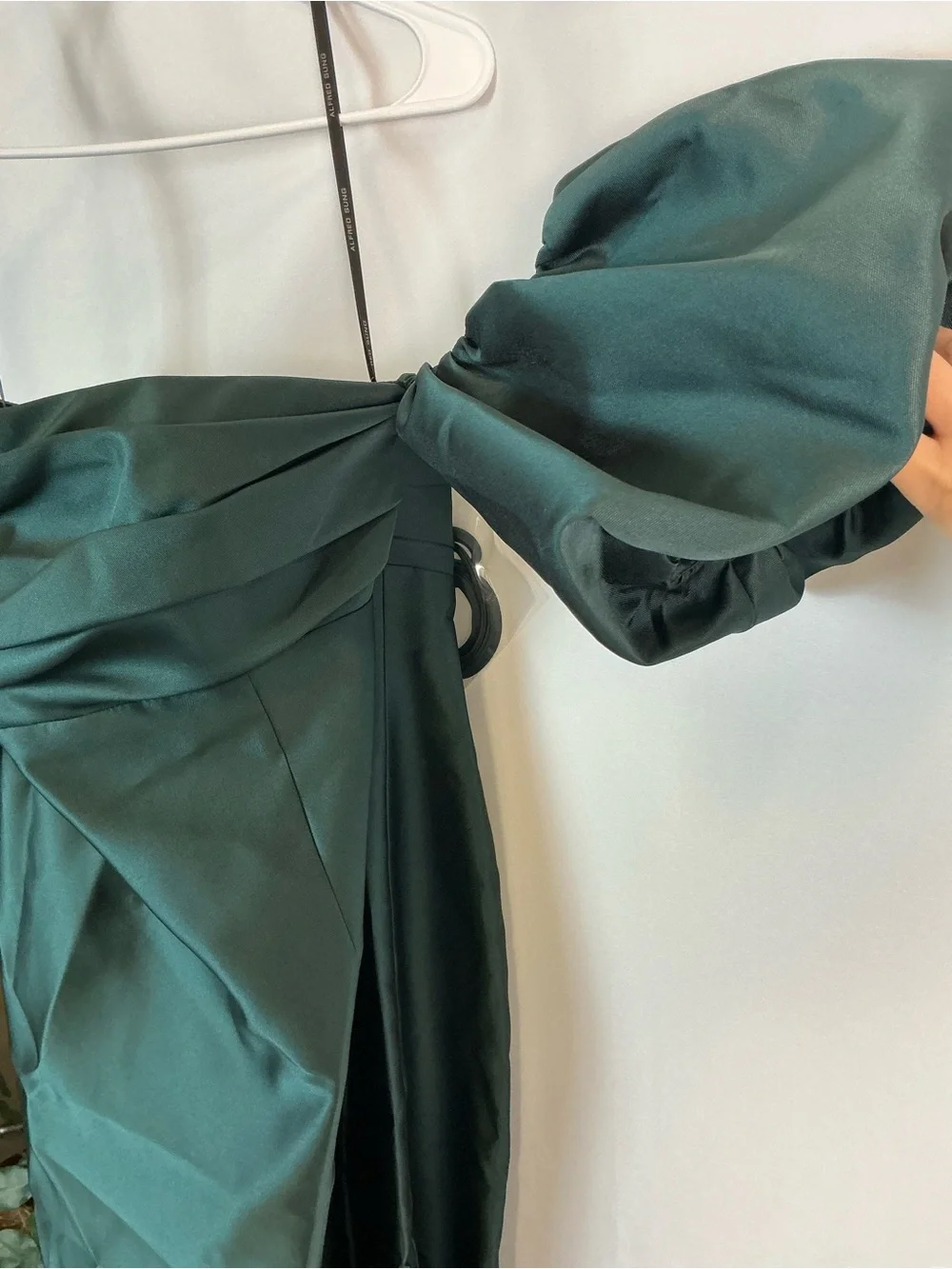 ALFRED SUNG Evergreen Off-the-Shoulder Puff Sleeve Satin Maxi Dress - Picture 3 of 8